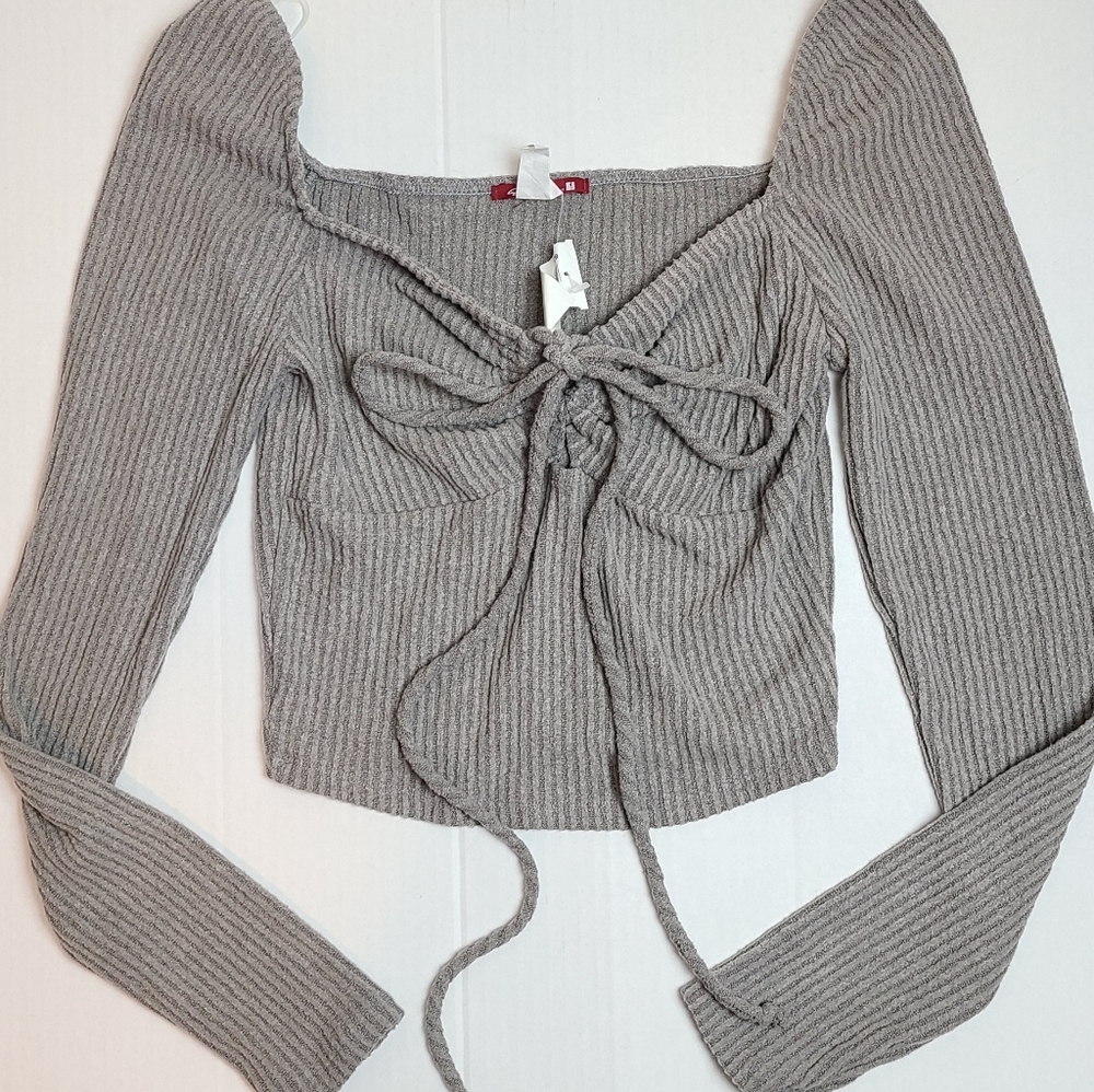 NWT! Ribbed Long Sleeve Tie Front Top